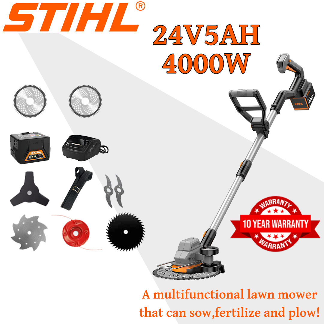 [Modelo standard] Corta-relva (4000w24V5AH) + lâmina de liga * 2 + lâmina de serra de liga * 2 + cabeça de corte de liga * 1 + faca de três lâminas * 1 + carregador + bateria * 1 + cinto * 1 + outros acessórios + 5 anos de garantia