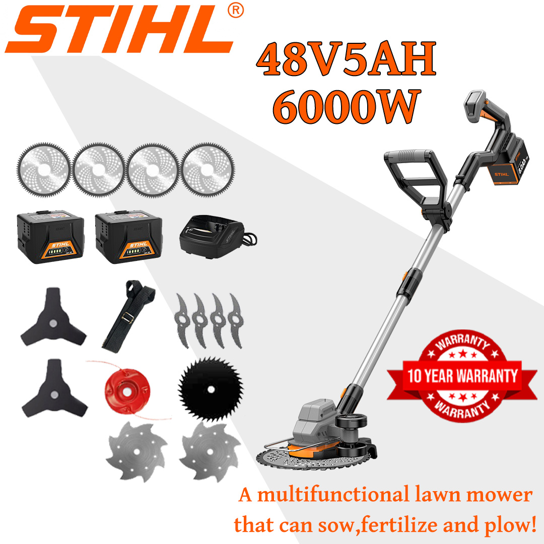 [Modelo atualizado] Cortador de relva (6000w48V5AH) + cultivador *1 + lâmina de liga *2 + lâmina de serra de liga *2 + cabeça de corte de liga *1 + faca tripla *1 + faca antibloqueio *1 + carregador + bateria *1 + cinto *1 + Outros acessórios + 5 anos de garantia