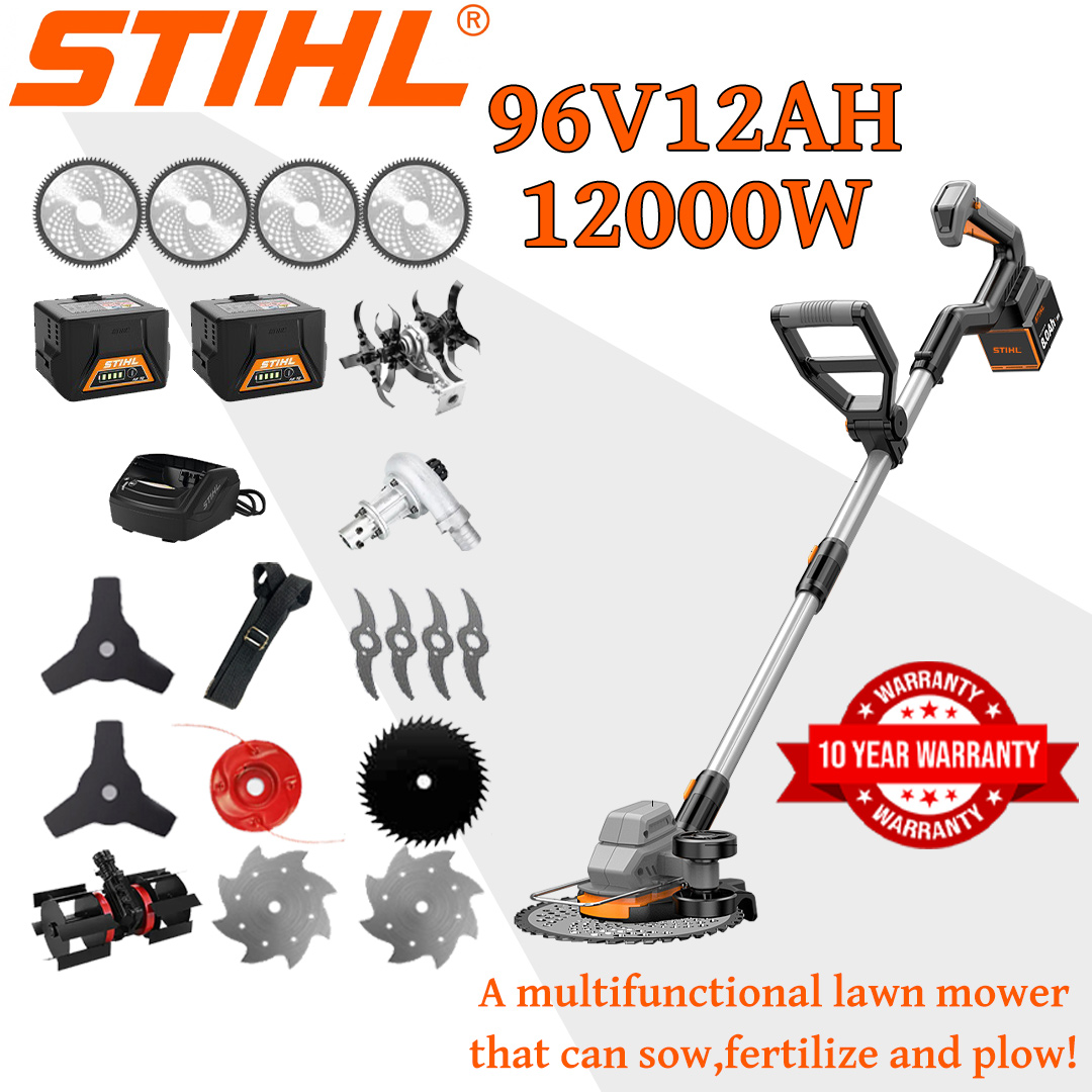 [Modelo Deluxe Atualizado/Altamente Recomendado] Corta Relva (12000w96V12AH) + Ecrã Elétrico + Cabeça Inclinável *1 + Roda de Trincheira *1 + Lâmina de Liga *4 + Lâmina de Serra de Liga *4 + Corta-Cabeça de Serra de Liga *1 + Lâmina com Três Facas *2 + Lâmina Anti-interferência *1 + Faca de Aço *2 + Limpa-Neves *1 + Carregador + Bateria *2 + Correia *1 + Outros Acessórios + 10 Anos de Garantia
