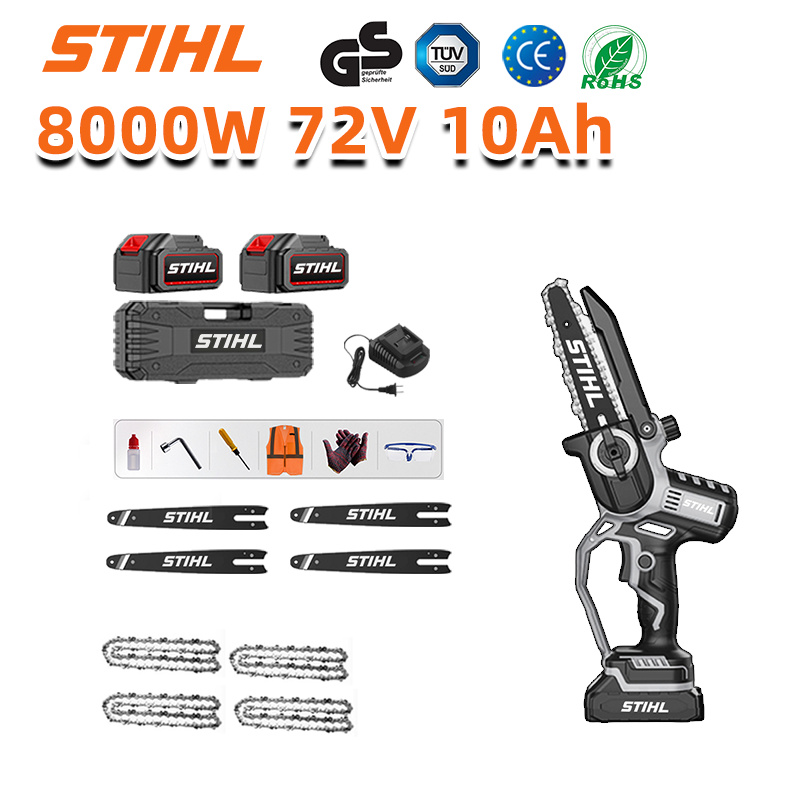Visor LED (duração da bateria: 24 horas). Motosserra de iões de lítio de 8 polegadas e 8000 W + baterias de 72 V 10,0 Ah (2) + carregador (1) + correntes (4) + calhas-guia (4)