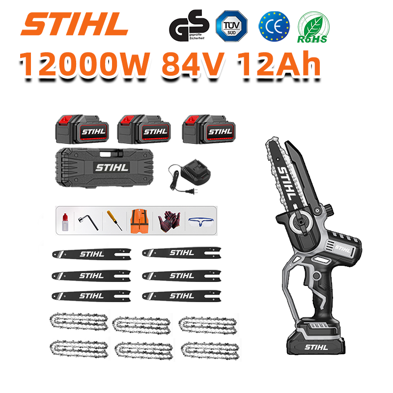 Visor LED (duração da bateria: 36 horas). Motosserra de iões de lítio de 8 polegadas e 12.000 W + baterias de 84 V e 12 Ah (3) + carregador (1) + correntes (6) + calhas-guia (6)